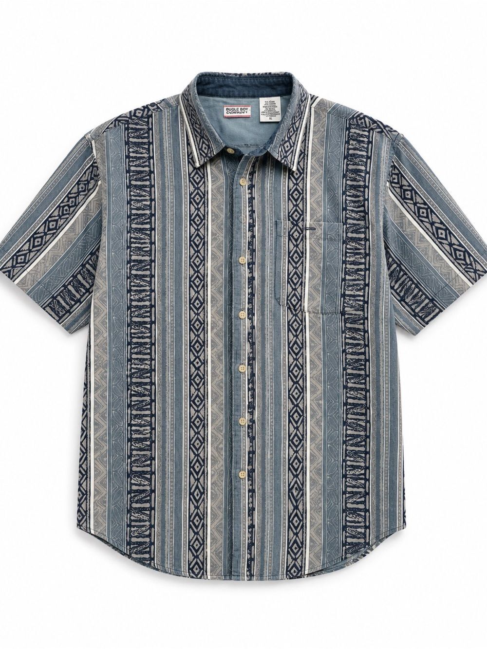 Vintage 90s Bugle Boy Shirt Mens XL Blue Tribal Stripe Ramie Cotton